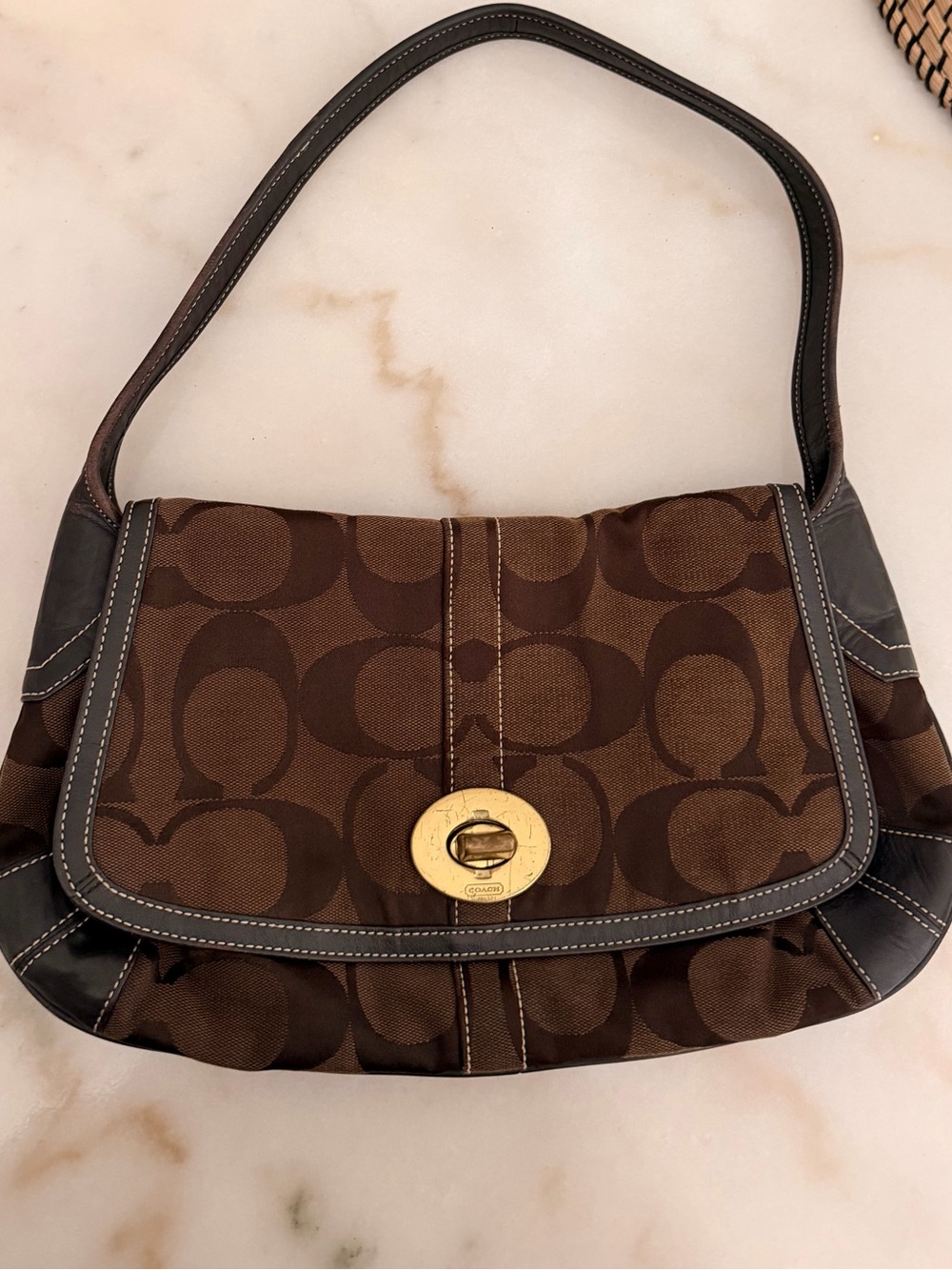 Coach Brown Signature Canvas Shoulder Bag with Gold Turnlock